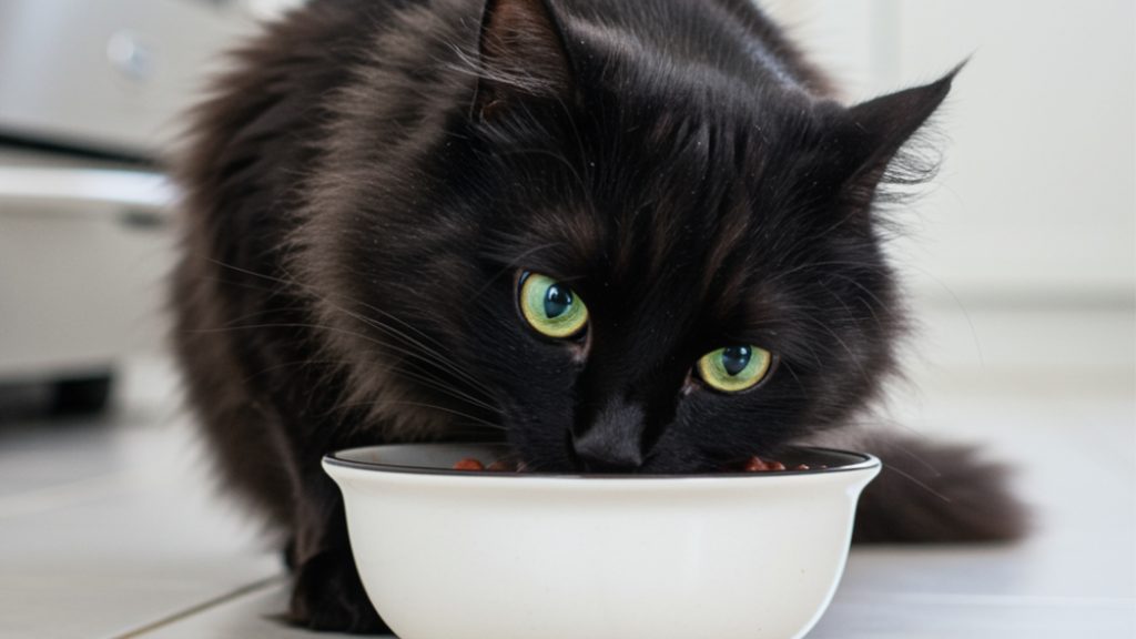 Black cat eating Classic cat food 1