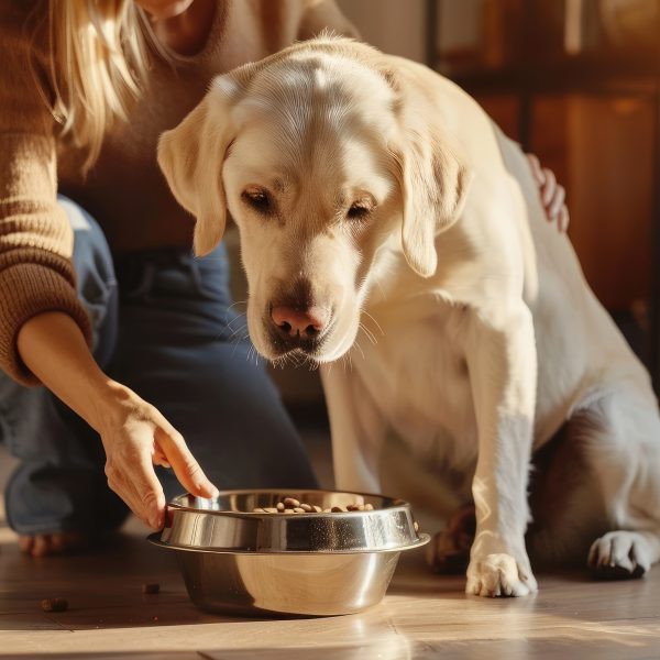 Pet owner feeding dog